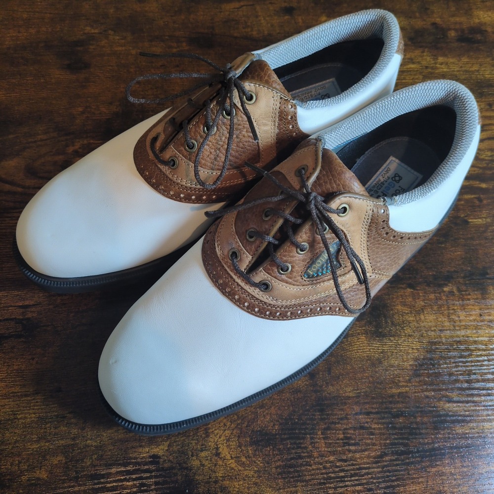 FootJoy GelFusion Mens Golf Shoes White Brown Leather Spiked Saddle size 8.5